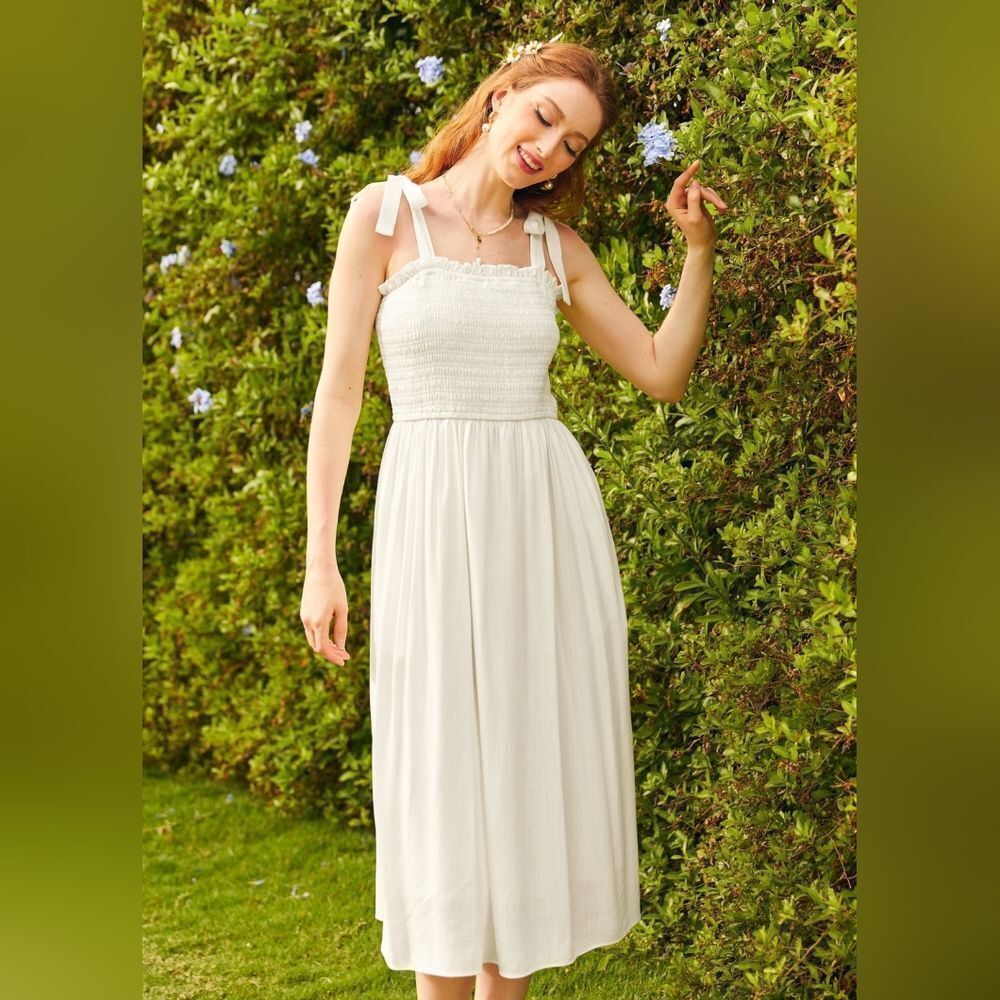 Modcloth Cloud Drifting Tie Shoulder Ruched White Dress Medium